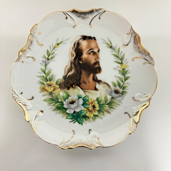 Wheelock Porcelain Plate Jesus Floral Gold Trim Wall Decor Vintage Religious - Picture 2 of 8